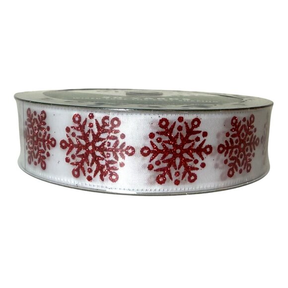 Holiday Red Glitter Snowflake Ribbon Christmas Wired Edge 50 Yards 1.5 Inch Wide - Picture 6 of 6